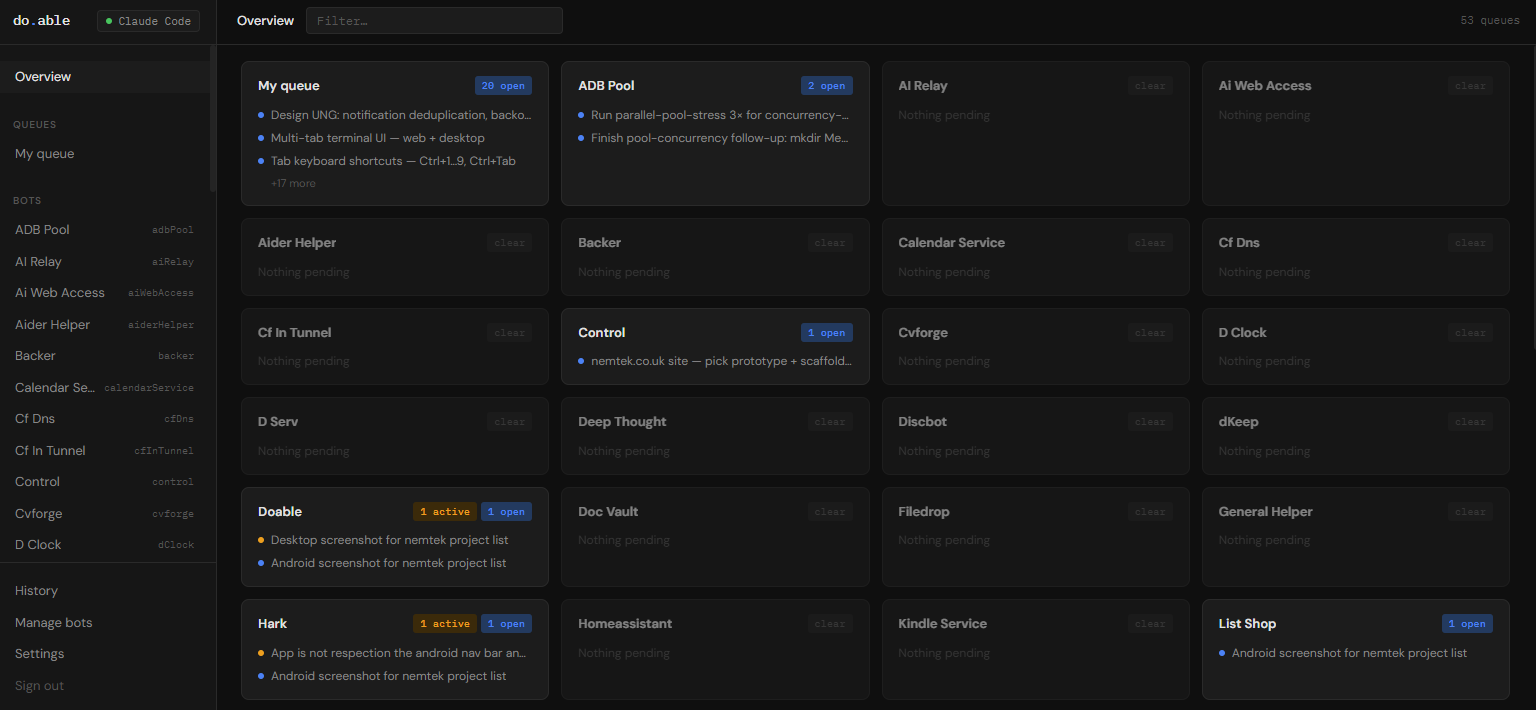 Doable task queues, one column per bot