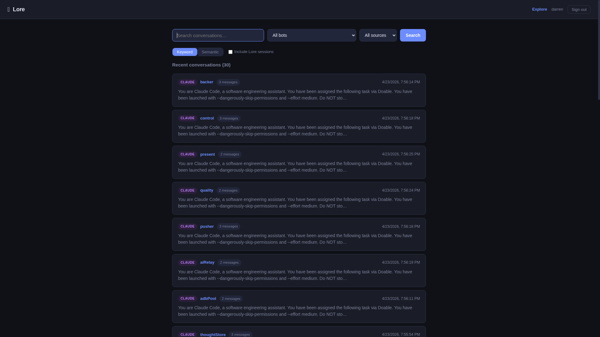 Lore conversation archive with semantic search